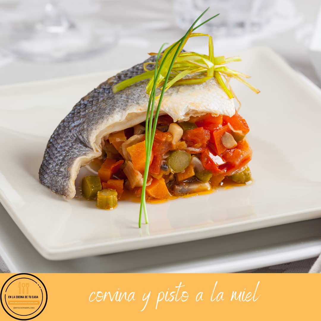Corvina y pisto a la miel